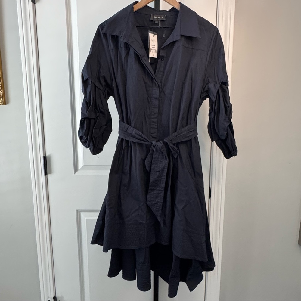 Gracia Navy Shirt Dress Tie Waist Hi Low Hem Roll Sleeve Size L NWT